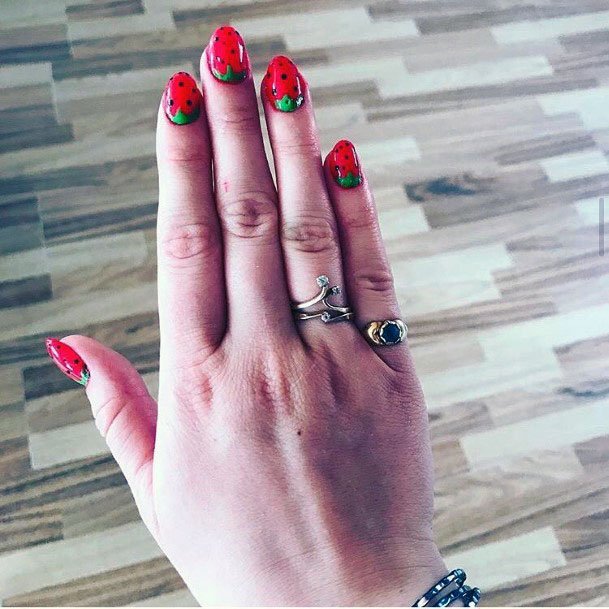 Cute Adorable Red Strawberry Nails For Girls