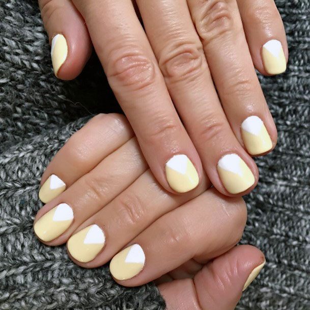 Cute Adorable Round Tipyellow And White Triangle Nail Design For Girls