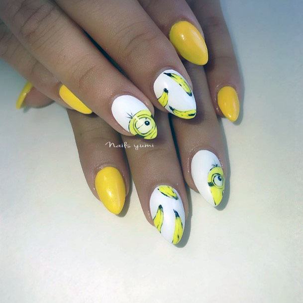 Cute Adorable Yellow White Minion Banana Nail Design Inspiration For Women