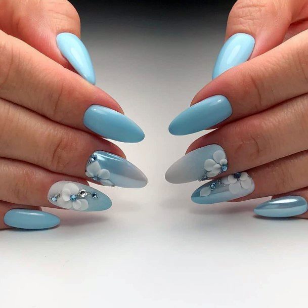 Cute Almond Shaped Blue Nails With Embossed Florals