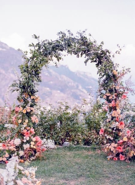 Cute Arbor Greenery And Pink Flowers Wedding Arch Ideas