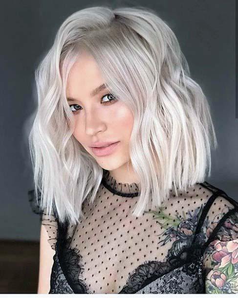 Cute Ashy Grey Platinum Blonde Layered Side Parted Womens Hairstyle