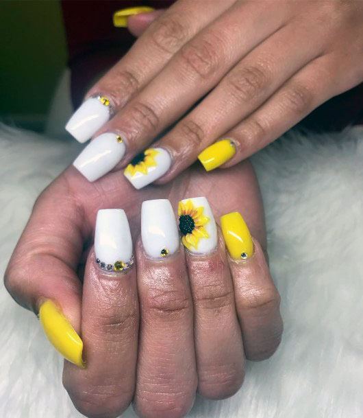 Cute Ballerina Yellow And White Sunflower Nail Art For Girls