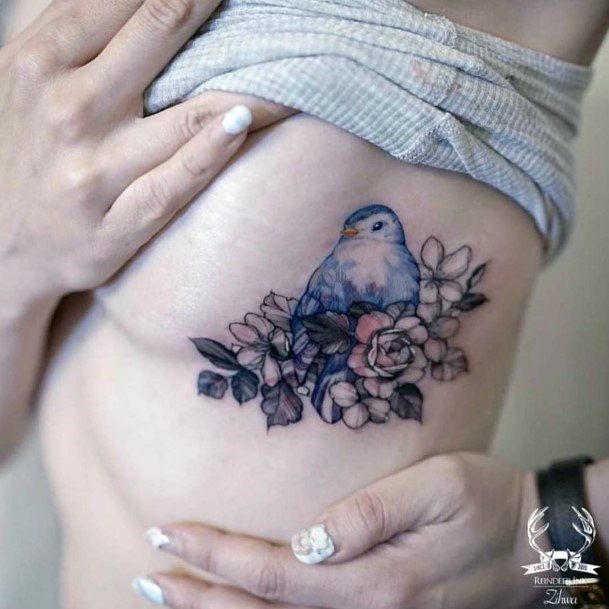 Cute Bird And Flower Tattoo Womens Torso