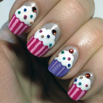 Cute Birthday Cupcakes With Stones Nail Art