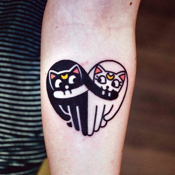 Cute Black And White Cat Love Tattoo Women