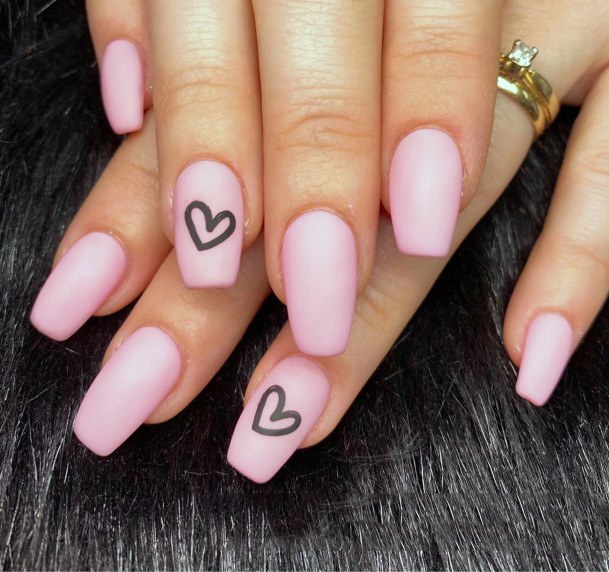 Cute Black Heart On Matte Pink Nails For Women