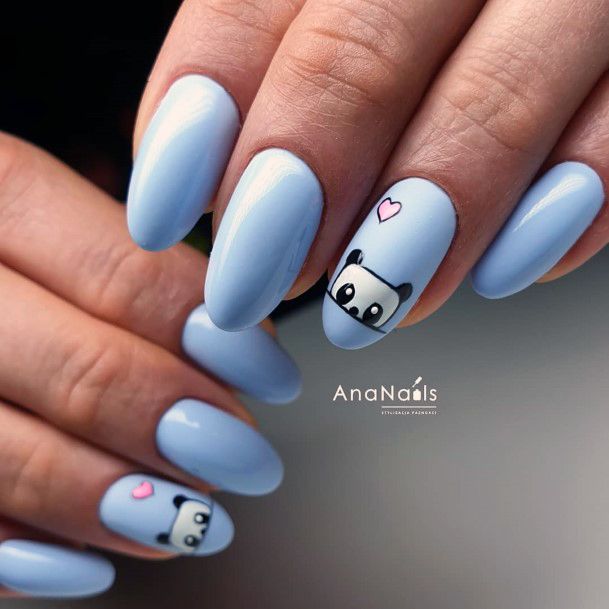 Cute Blue Matte Nails Panda Arts