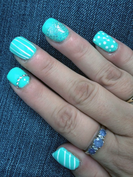 Cute Bright Turquoise Dots And Lines Nails For Women