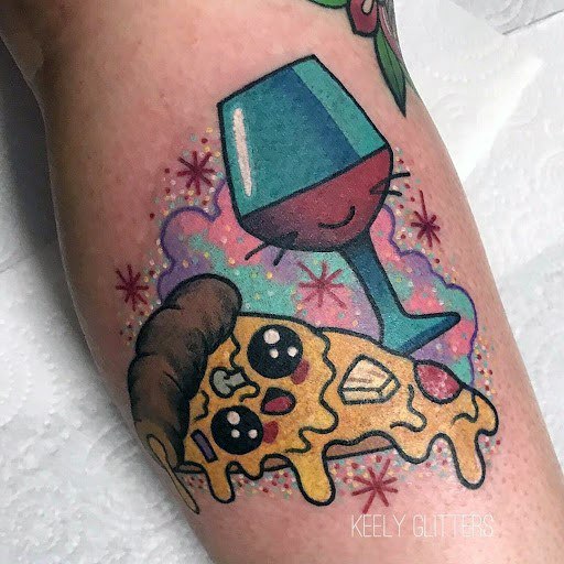 Cute Cheesy Pizza And Drinks Tattoo Women