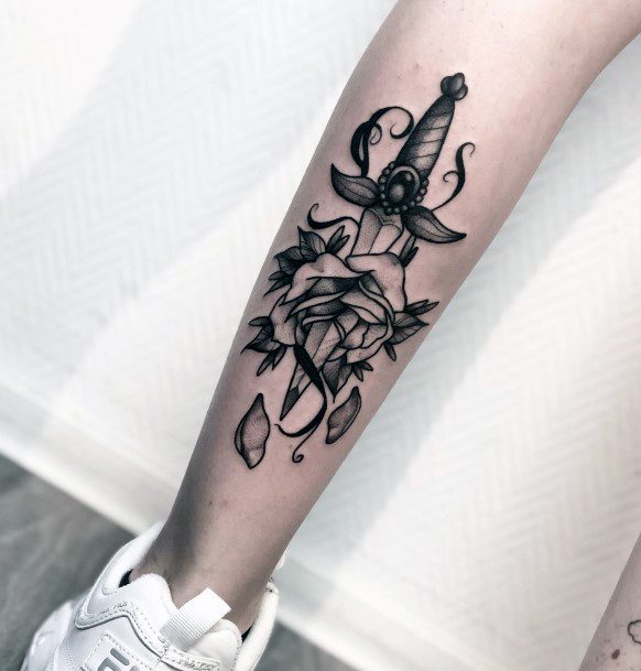 Cute Dagger Rose Tattoo Designs For Women