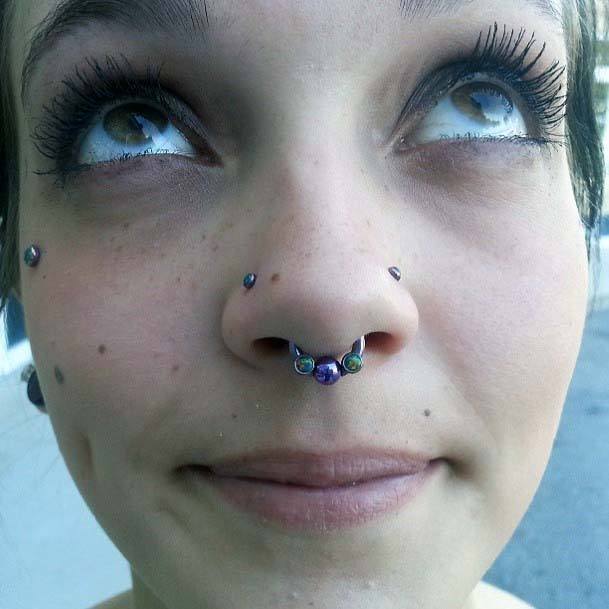 Cute Double Nostril Colorful Septum And Shiny Dermal Piercing Ideas For Girls