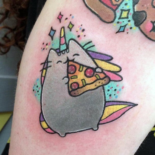 Cute Fat Grey Kitty With Pizza Tattoo