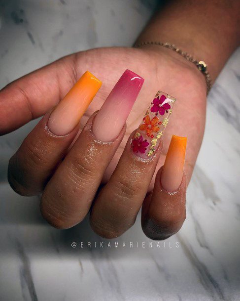 Cute Floral Fall Ombre Orange Maroon Nail Design Ideas For Ladies