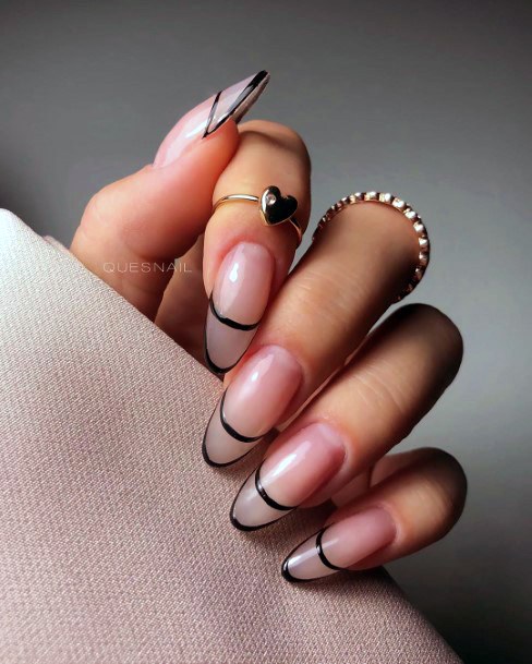 Cute French Mani With Black Borders Transparent Nails For Women