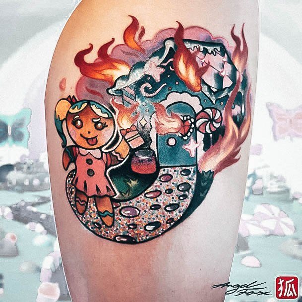 Cute Gingerbread Burning House Tattoo Designs For Women