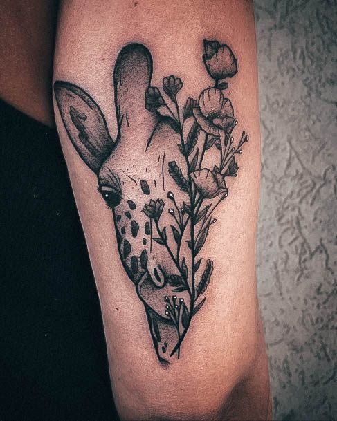 Cute Giraffe Tattoo Designs For Women Half Flowers