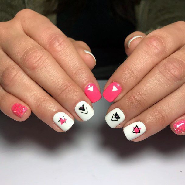 Cute Girly Pink White Black Triangle Nails Ideas For Women