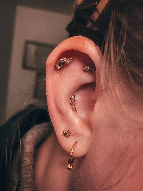 Cute Golden Double Lobe Conch And Flat Ear Piercing Ideas For Women