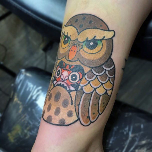 Cute Honey Toned Owl Tattoo For Women Design