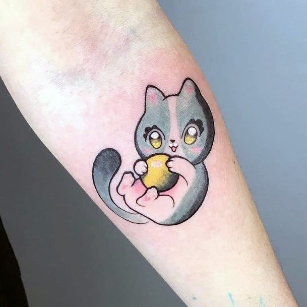 Cute Kitty With Ball Tattoo For Women