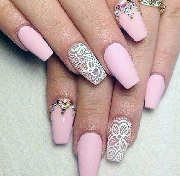 Cute Lace Design With Stones On Nails