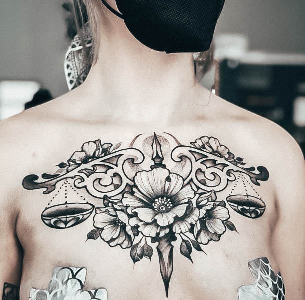 Cute Libra Tattoo Designs For Women Chest Giant Flower With Scales