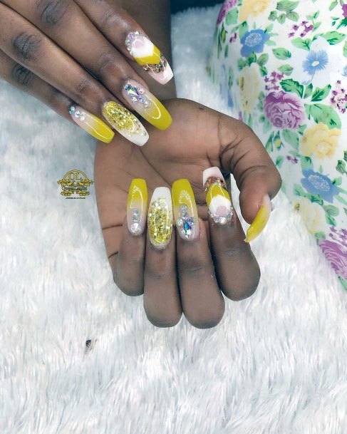 Cute Long Ballerina Yellow White Sparkly Nail Design For Women