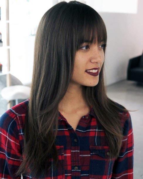 Cute Long Chocolate Brown Layers With Bangs On Female