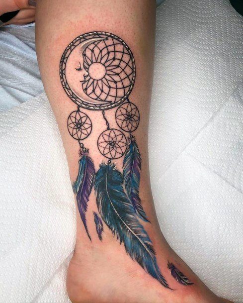 Cute Moon And Feathers Dream Catcher Tattoo Womens Legs