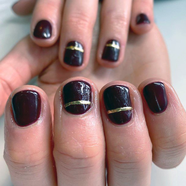 Cute Natural Gel Maroon And Gold Stripe Nail Design For Girls