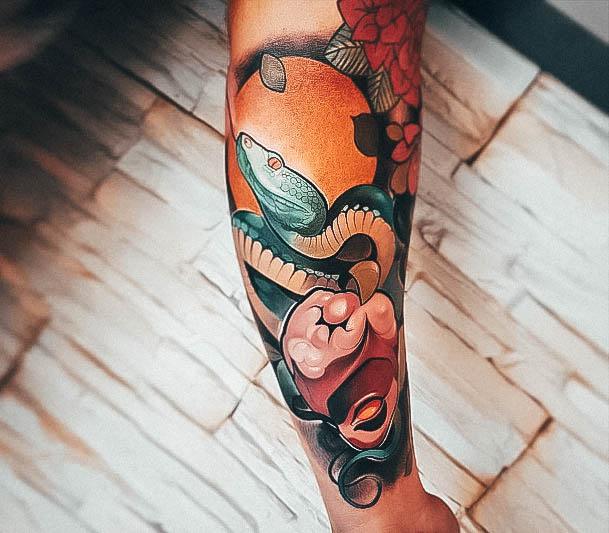 Cute Neo Traditional Tattoo Designs For Women Snake Apple Forearm Sleeve