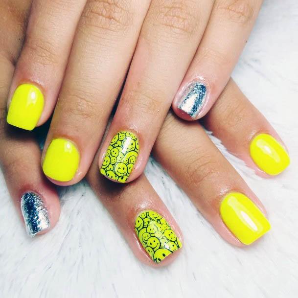 Cute Neon Yellow Nails With Smileys Women