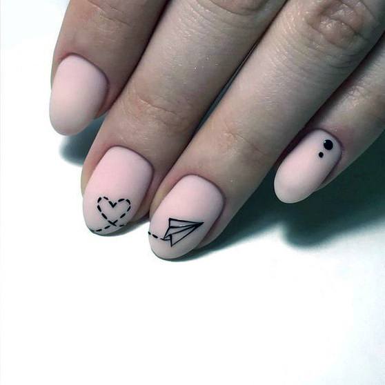 Cute Nude Matte Nails With Black Love Art
