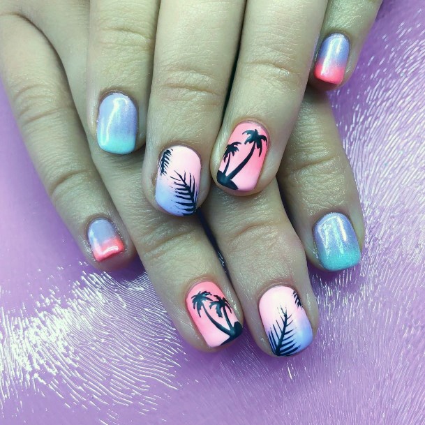 Cute Ombre Pastel Pink Purple Palm Tree Nails Ideas For Women