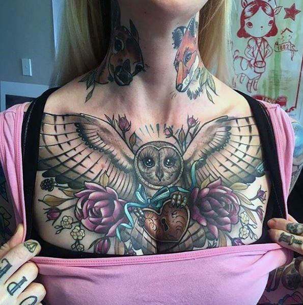 Cute Owl With Heart Shaped Lock And Flowers Tattoo For Women