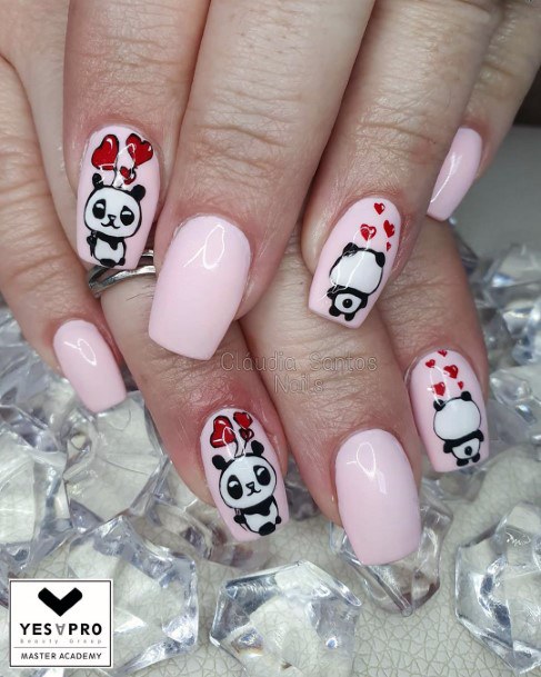 Cute Panda With Heart Balloons Nails