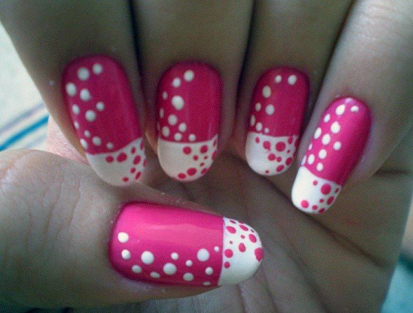 Cute Pink And White Dotted Reverse Design Nails