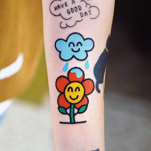 Cute Raincloud Over Floral Tattoo Women