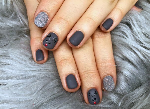 Cute Reindeer Painted On Matte Grey Nails For Women