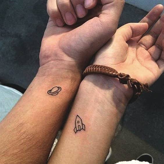 Cute Rocket And Planet Couple Tattoo Wrist