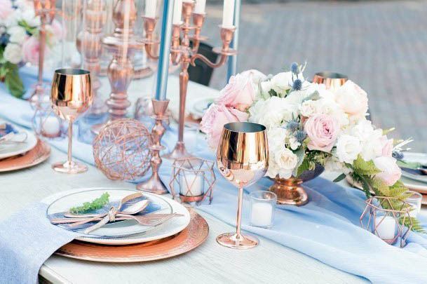 Cute Rose Gold Wedding Reception Table Decor Inspiration Wine Glass Lush Flowers