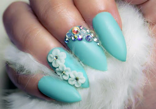 Cute Sea Green Colored Nails With 3D Art