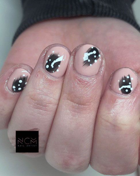 Cute Short Round Pink Black White Polka Dot Gel Nail Ideas For Women