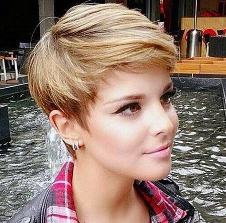 Cute Side Swept Dirty Blonde Highlighted Sleek Pixie Womens Hairstyle