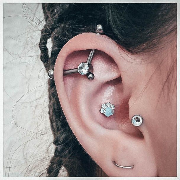 Cute Silver Paw Three Way Industrial Cool Ear Piercings For Women
