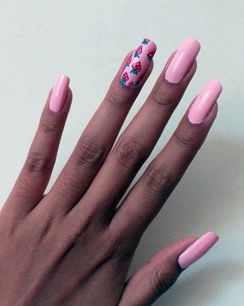 Cute Simple Pink Strawberry Nail Design For Girls