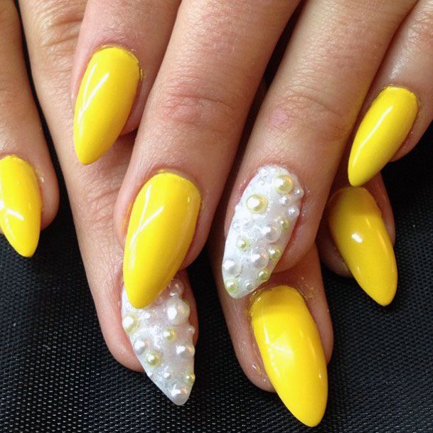 Cute Simple Radient Yellow And White Small Beads Nail Design Ideas For Girls