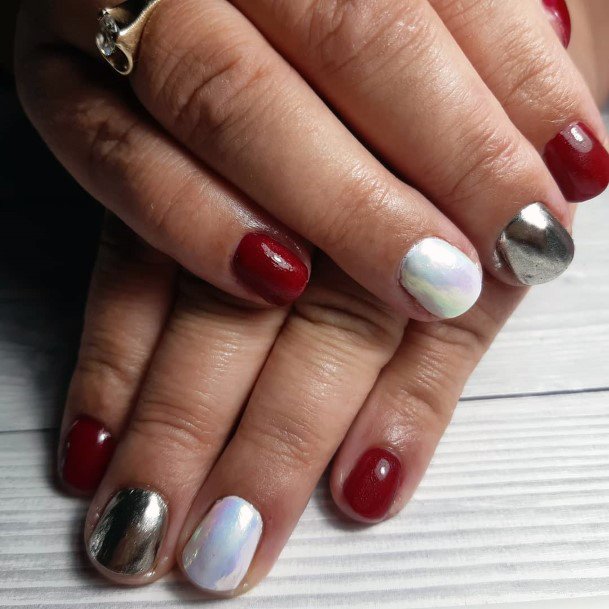 Cute Simple Red White Chrome Mirror Nail Design Ideas For Women