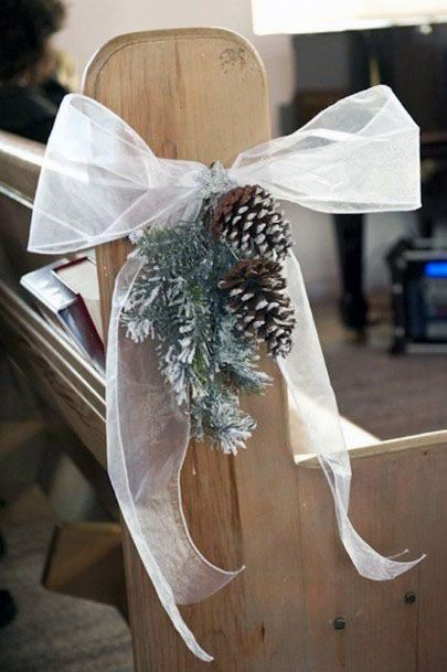 Cute Simple White Ribbon Seating Row Pinecone Evergreen Winter Wedding Aisle Inspiration